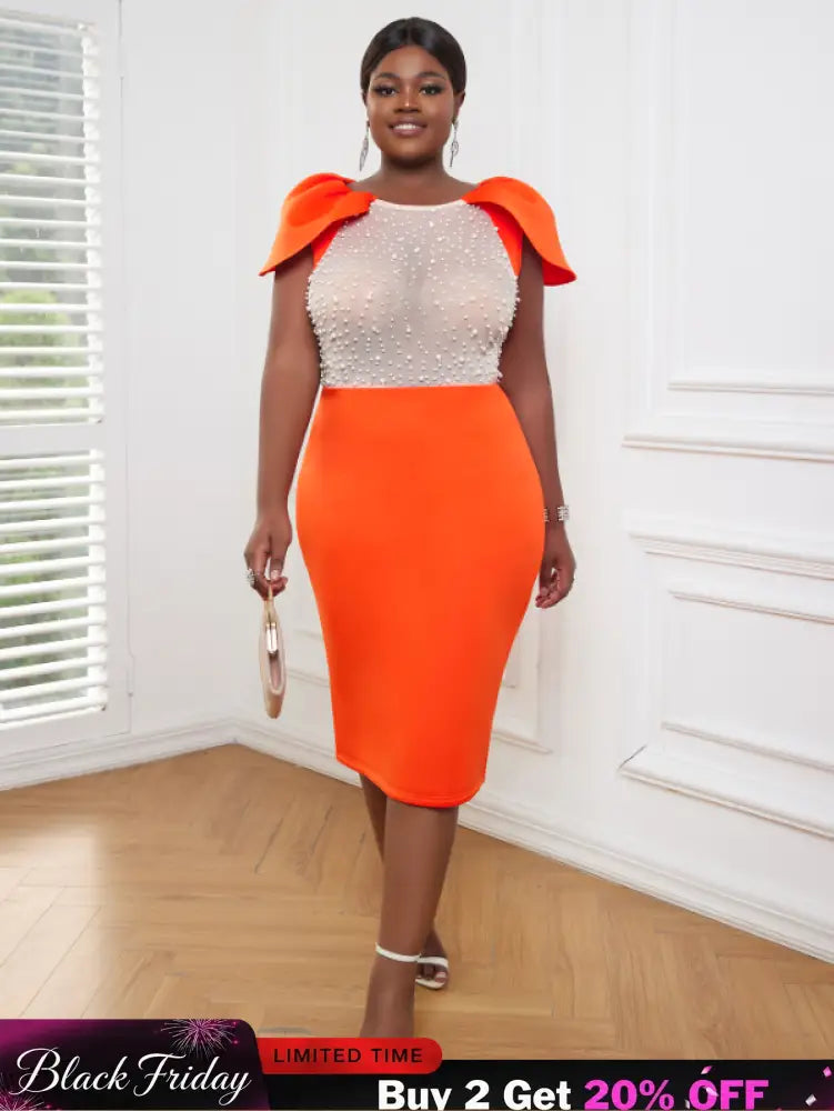 AOMEI Sexy See Through Beaded Midi Dress Orange / S