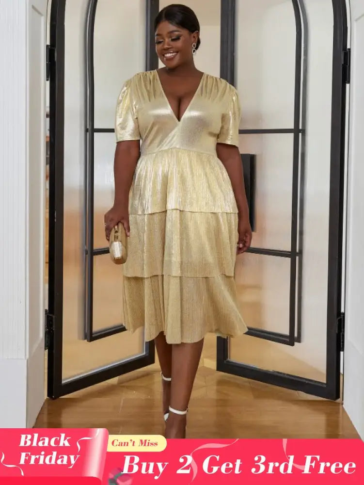 AOMEI Shiny Deep V Neck Pleated Dresses Midi