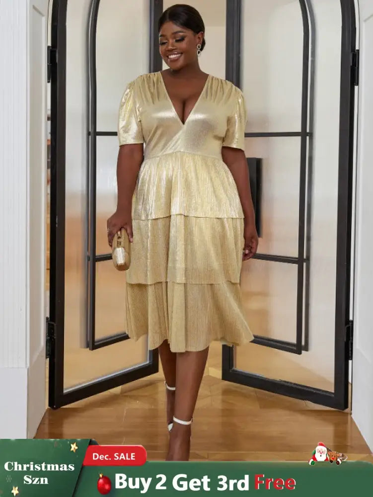 AOMEI Shiny Deep V Neck Pleated Dresses Midi