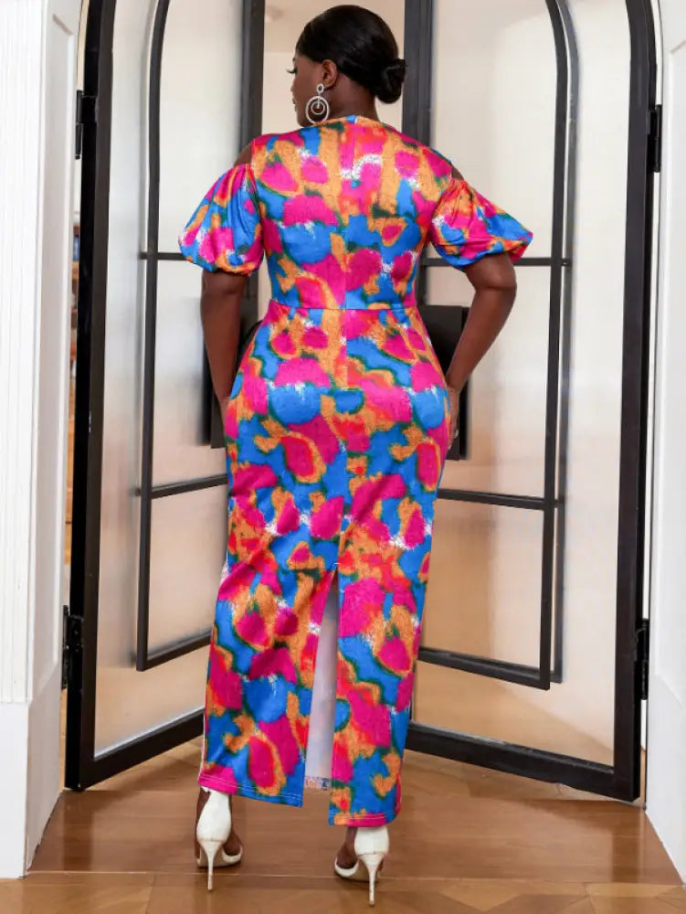 AOMEI Short Puff Sleeve Printed Lace Patchwork Dresses Maxi