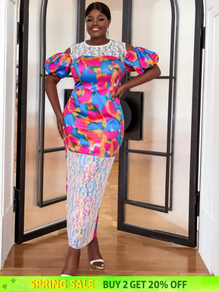 AOMEI Short Puff Sleeve Printed Lace Patchwork Dresses Maxi