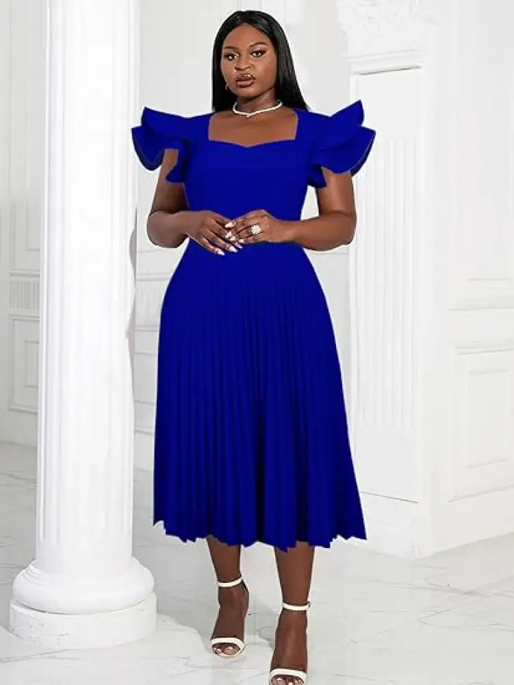 AOMEI Square Collar Ruffle Pleated Party Dresses DarkBlue / S