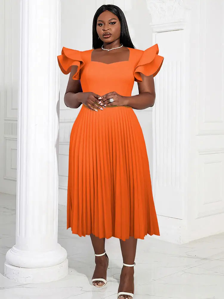 AOMEI Square Collar Ruffle Pleated Party Dresses Orange / S