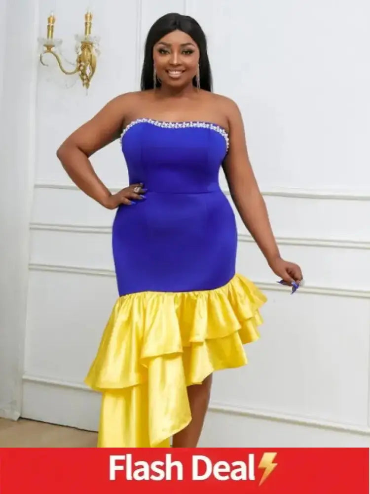 AOMEI Strapless Beading Irregular Fishtail Dress Maxi Blue / S