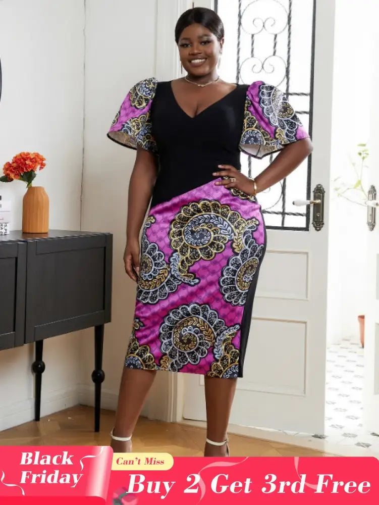 AOMEI V Neck Patchwork African Printed Midi Dresses