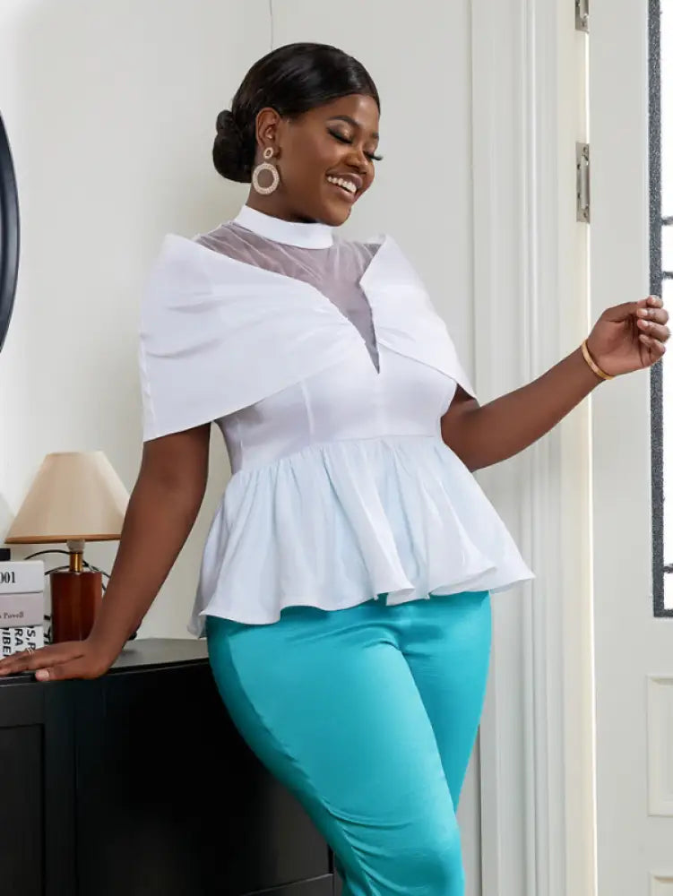 AOMEI Women High Neck See Through White Blouse