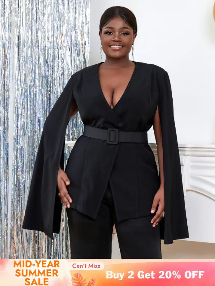 AOMEI Women V Neck Cloak Sleeve Black Blazers with Waist Belt