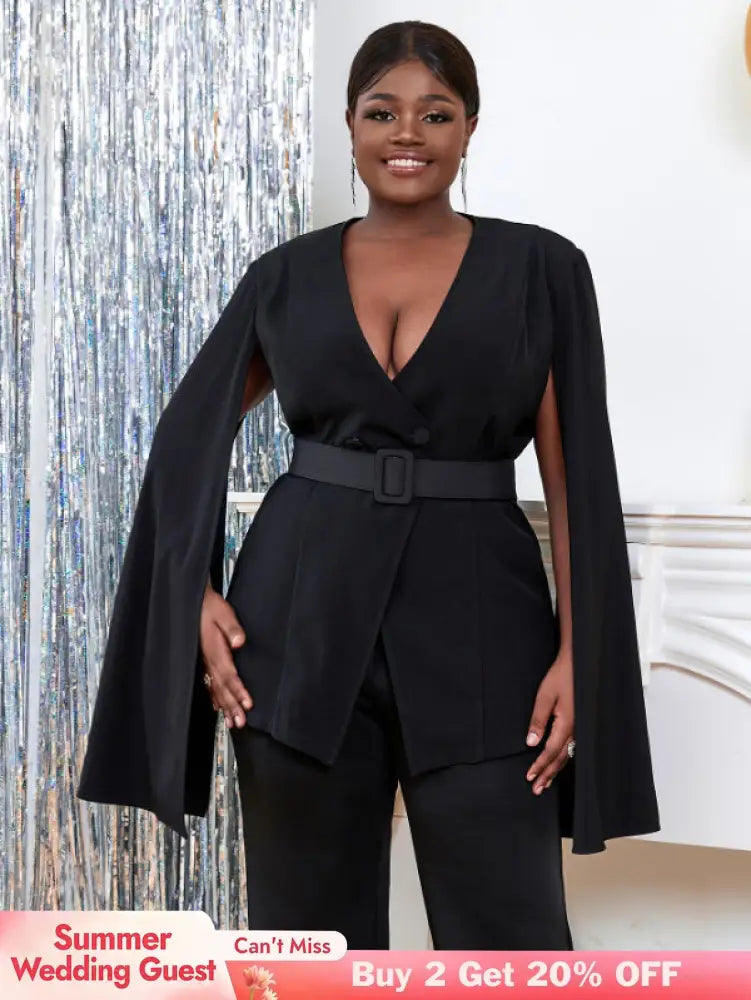 AOMEI Women V Neck Cloak Sleeve Black Blazers with Waist Belt