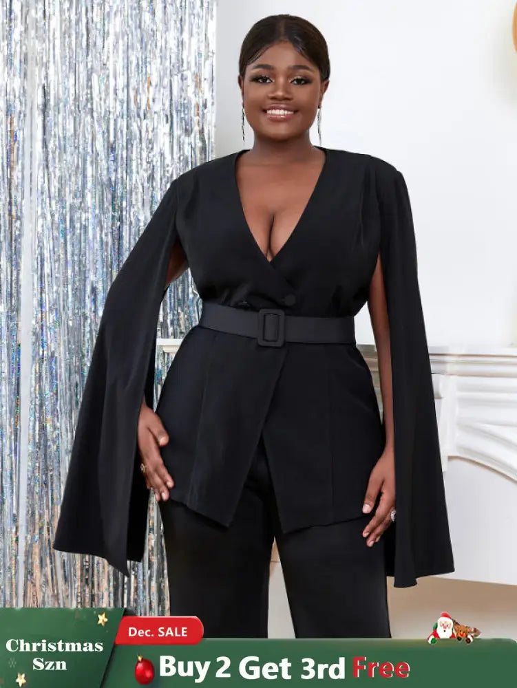 AOMEI Women V Neck Cloak Sleeve Black Blazers with Waist Belt