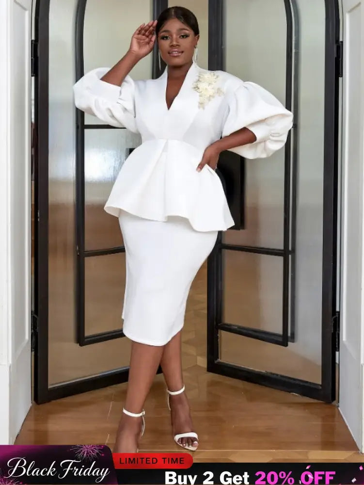 AOMEI Women White High Waist Peplum Top 2 Piece Set