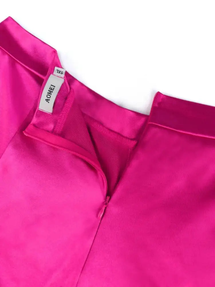 AOMEI Women‘s Fuchsia Elastic Satin Flare Pants Shiny