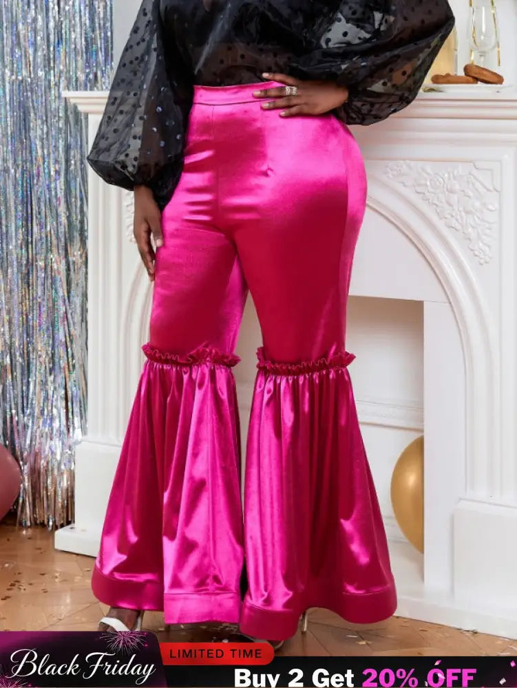 AOMEI Women‘s Fuchsia Elastic Satin Flare Pants Shiny