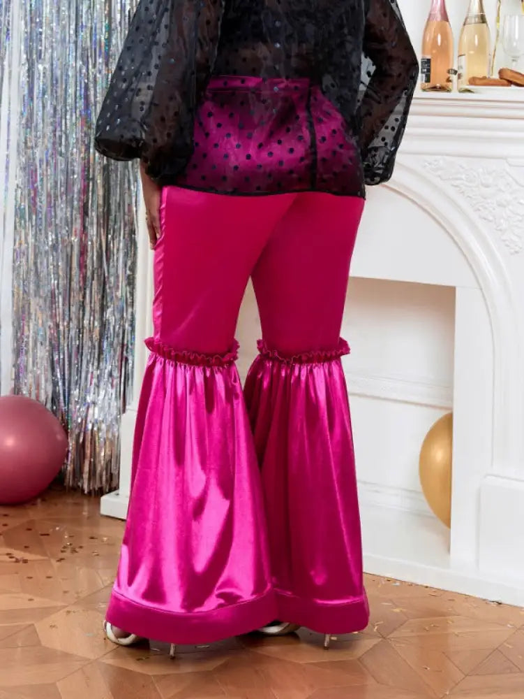 AOMEI Women‘s Fuchsia Elastic Satin Flare Pants Shiny