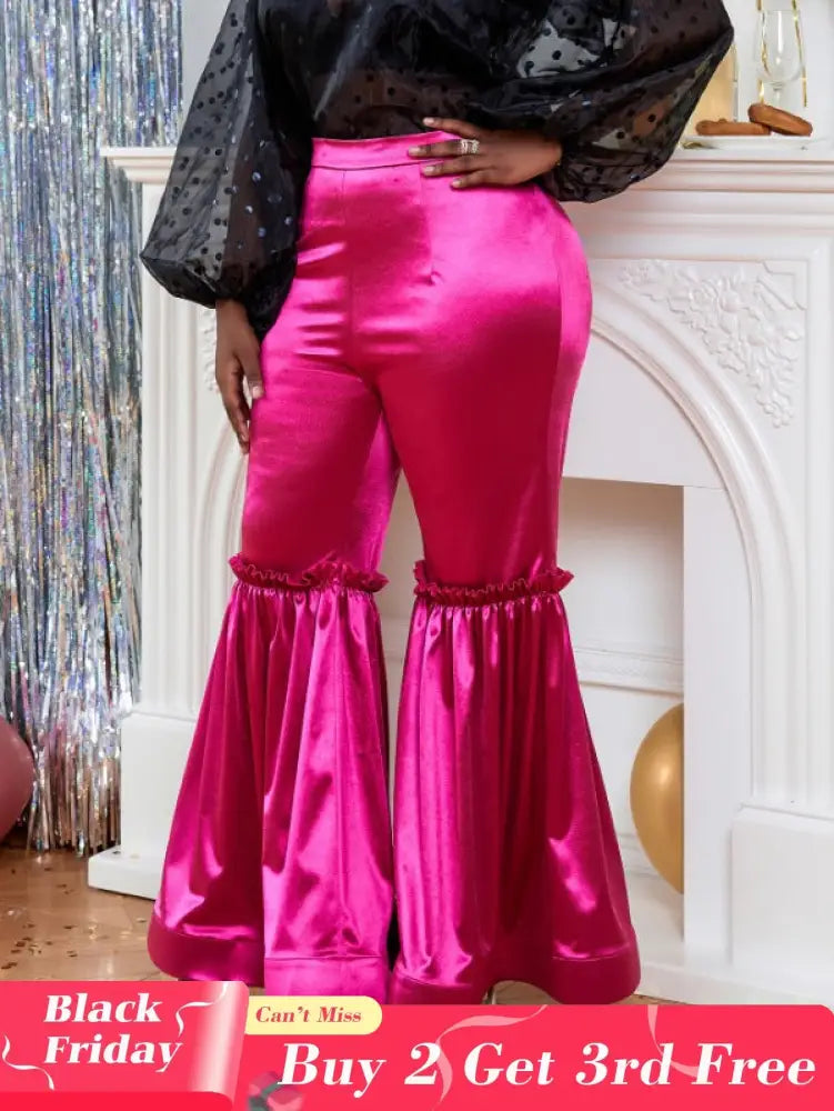 AOMEI Women‘s Fuchsia Elastic Satin Flare Pants Shiny
