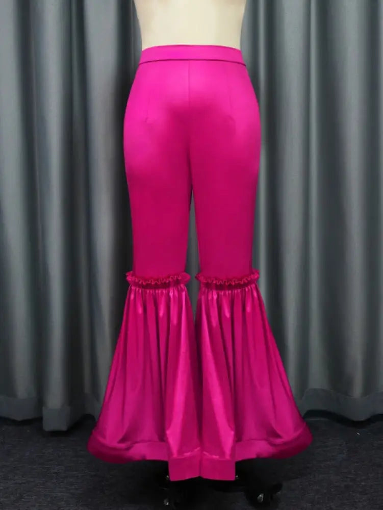AOMEI Women‘s Fuchsia Elastic Satin Flare Pants Shiny