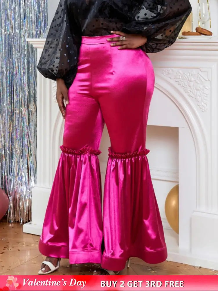 AOMEI Women‘s Fuchsia Elastic Satin Flare Pants Shiny