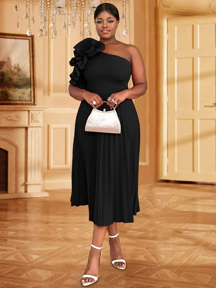 AOMEIDRESS 3D Flower One Shoulder Pleated Summer Cocktail Dress Black / S