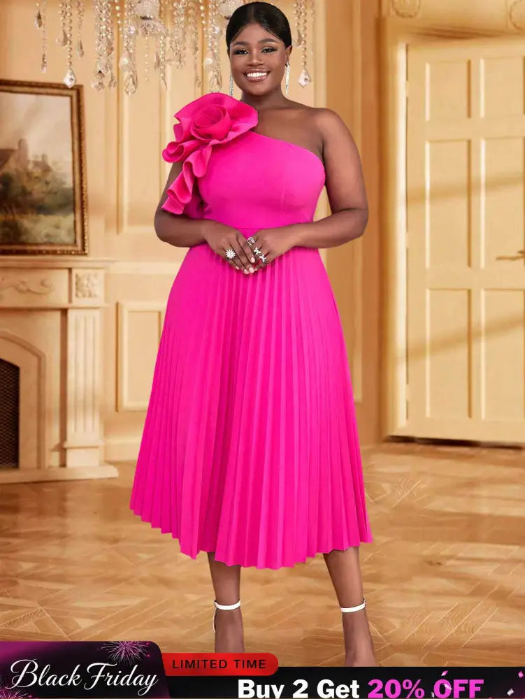 rose big flower one shoulder dress for women plus size pleated dress