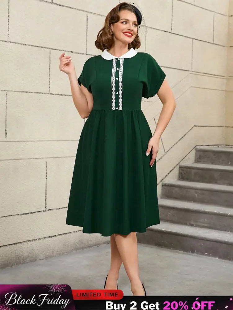 AOMEIDRESS 50s Swing Dress Peter Pan Collar A Line Vintage Style DarkGreen / S