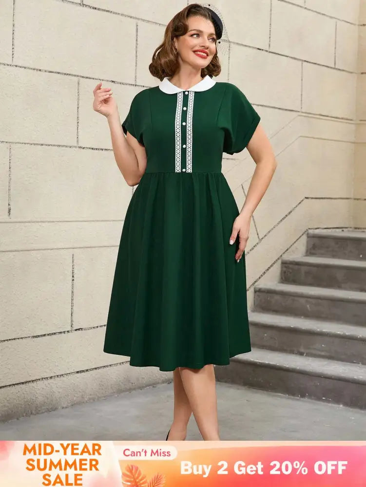 AOMEIDRESS 50s Swing Dress Peter Pan Collar A Line Vintage Style DarkGreen / S