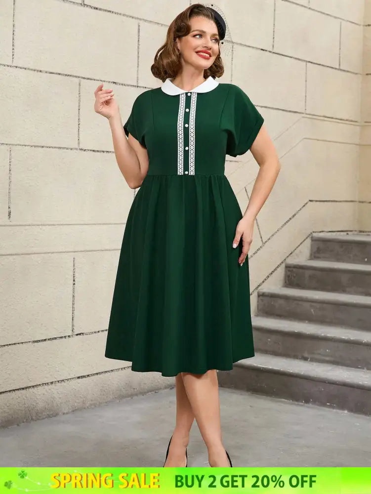 AOMEIDRESS 50s Swing Dress Peter Pan Collar A Line Vintage Style DarkGreen / S