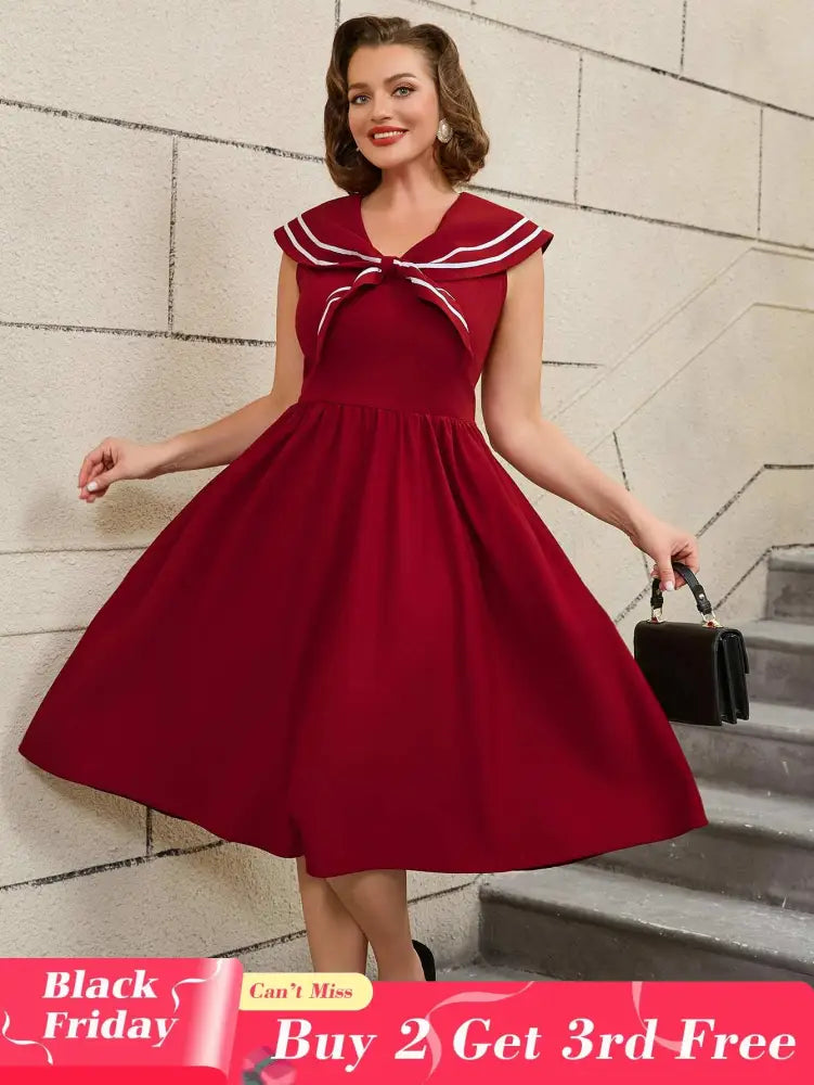 AOMEIDRESS 50s Swing Dress Sleeveless A Line College Style Dress Wine / S