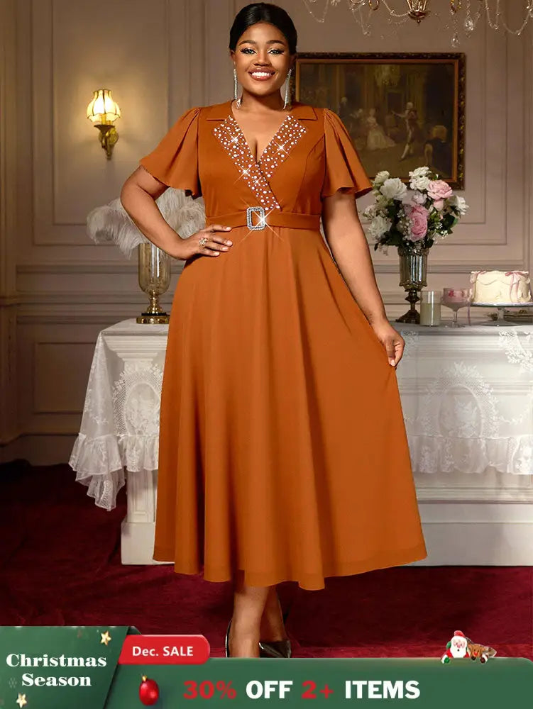 AOMEIDRESS A Line Beading Wedding Guests Dress Waist Belt Puff Sleeve Brown / 0XL