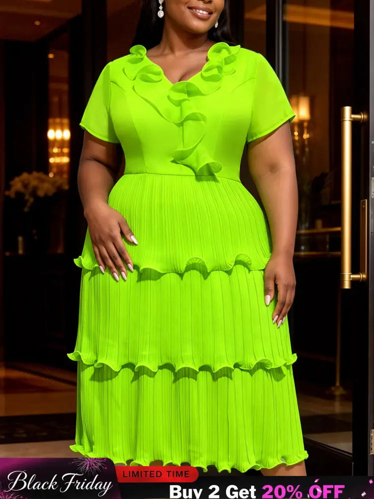AOMEIDRESS A Line Chiffon Cake Dresses Short Sleeves Ruffle Layered - Green / S