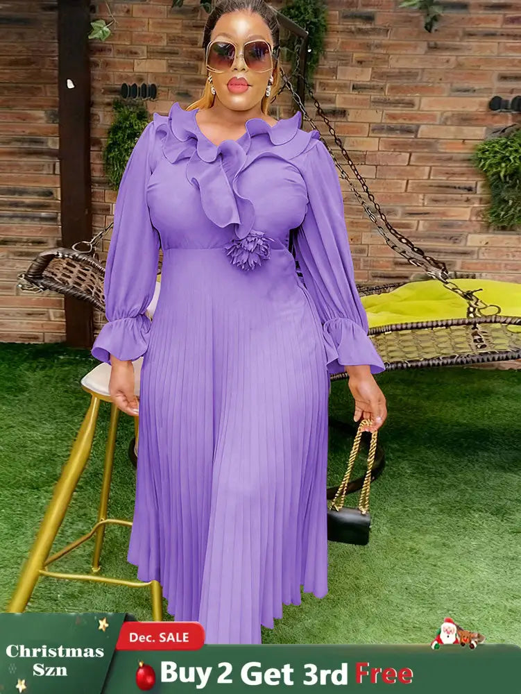 AOMEIDRESS A Line Chiffon Dress V Neck Puff Sleeve Ruffles Gowns New Lavender / L