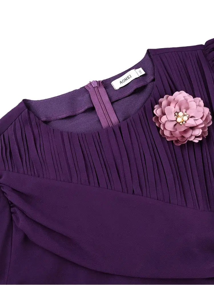 AOMEIDRESS A Line Chiffon Dresses O Neck Half Puff Sleeves 3D Flower