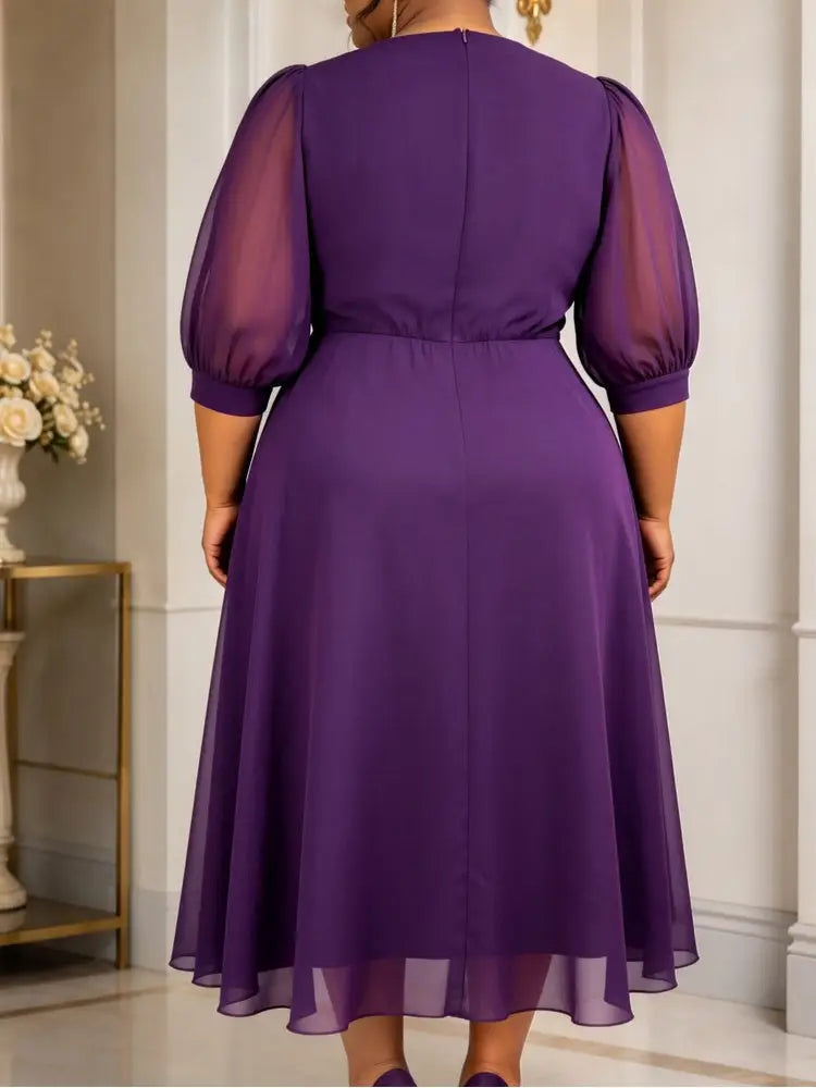 AOMEIDRESS A Line Chiffon Dresses O Neck Half Puff Sleeves 3D Flower