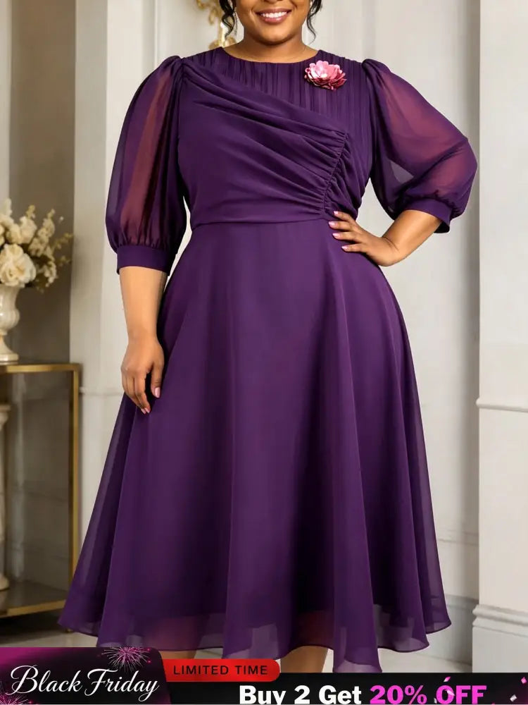 AOMEIDRESS A Line Chiffon Dresses O Neck Half Puff Sleeves 3D Flower - DeepPurple / L