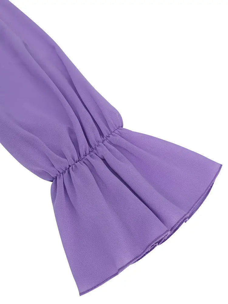 AOMEIDRESS A Line Chiffon Plated Dress Ruffles Neck Puff Sleeve Gowns