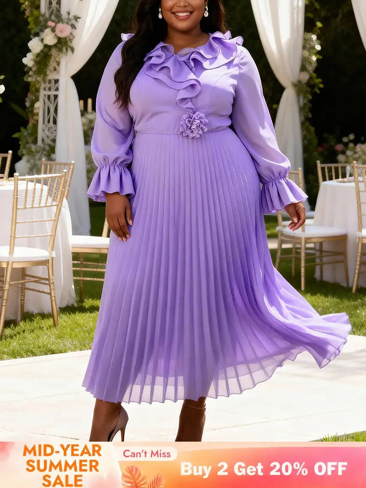 AOMEIDRESS A Line Chiffon Plated Dress Ruffles Neck Puff Sleeve Gowns - Lavender / L