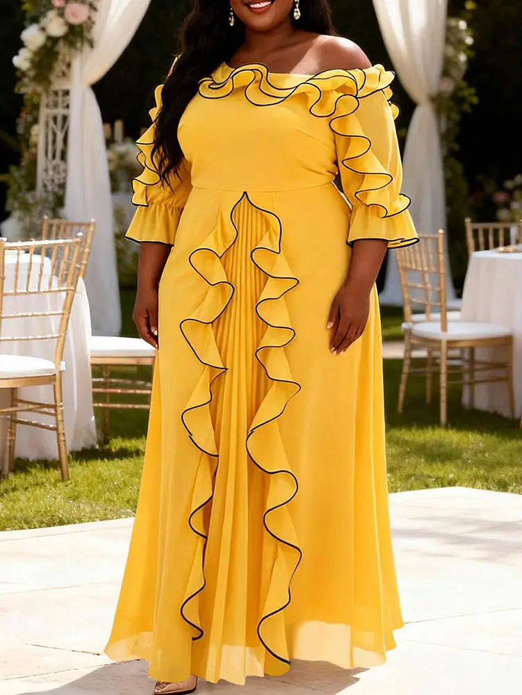 AOMEIDRESS A Line Chiffon Pleated Dress Slanted Collars ColorBlock