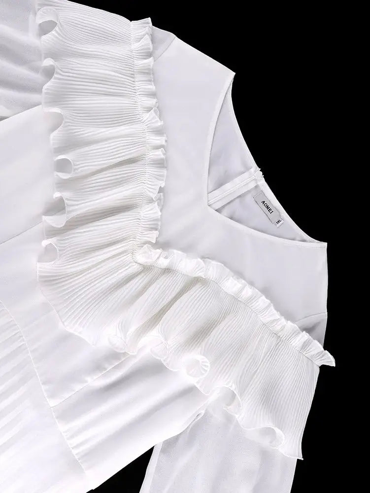 AOMEIDRESS A Line Chiffon Pleated Dress V Neck Ruffles Lantern Sleeve