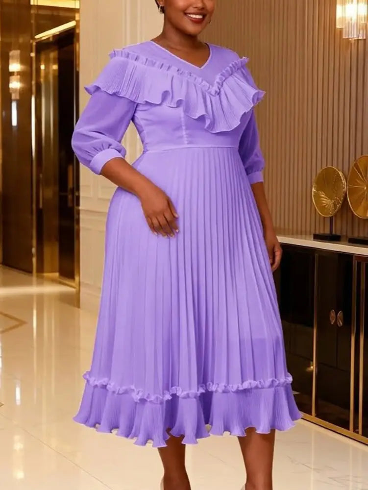 AOMEIDRESS A Line Chiffon Pleated Dress V Neck Ruffles Lantern Sleeve - Pale purple / 0XL