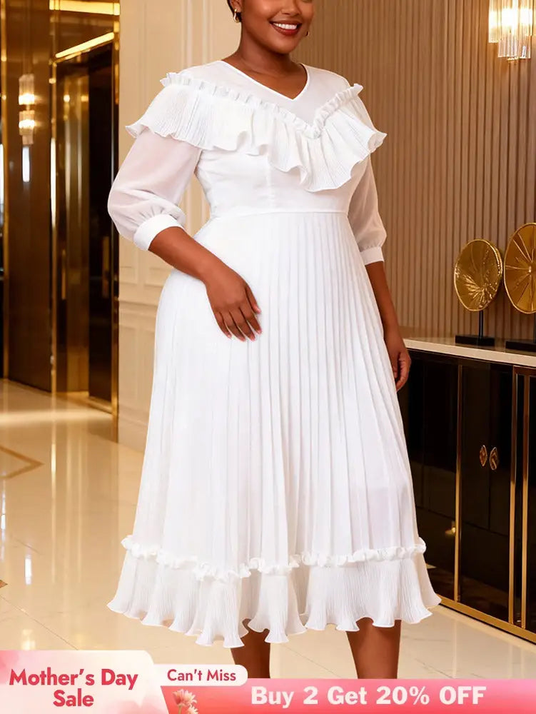 AOMEIDRESS A Line Chiffon Pleated Dress V Neck Ruffles Lantern Sleeve - White / 0XL