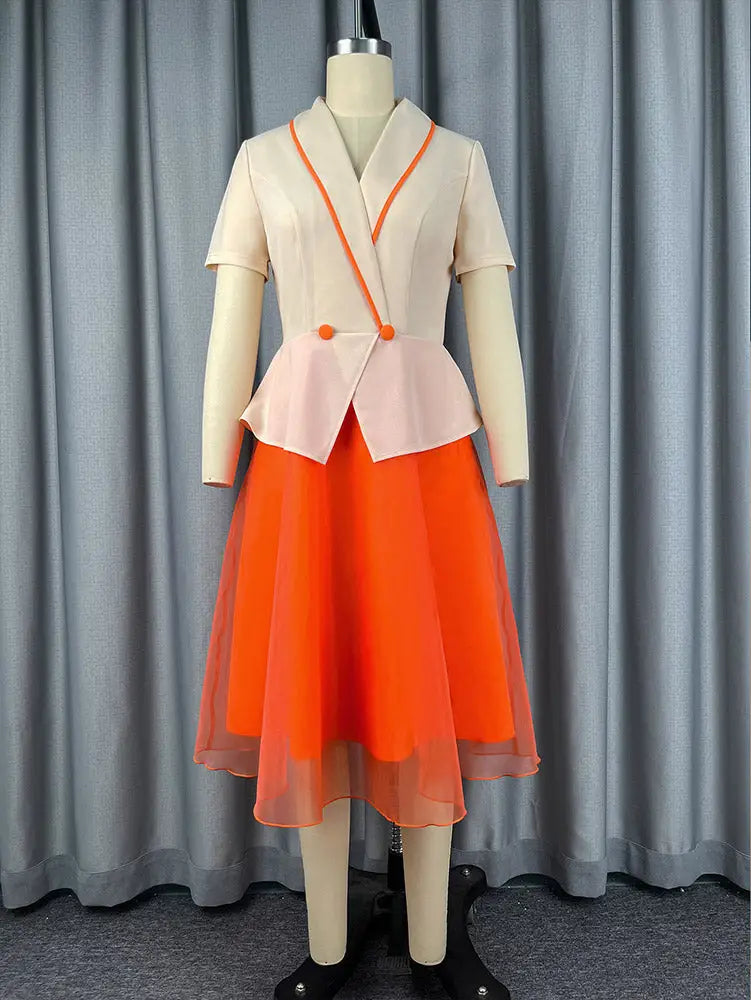AOMEIDRESS A Line Colorblock Dresses Short Sleeves Patchwork Mesh Hem