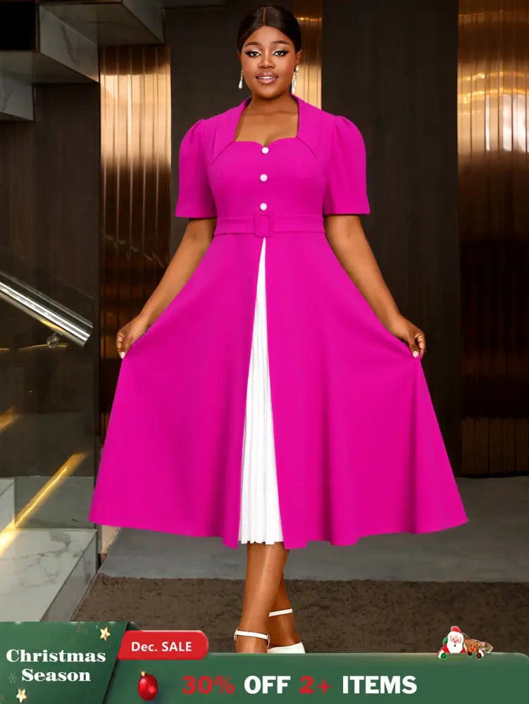 AOMEIDRESS A Line Contrast Pleated Dress Short Sleeves Party Gowns