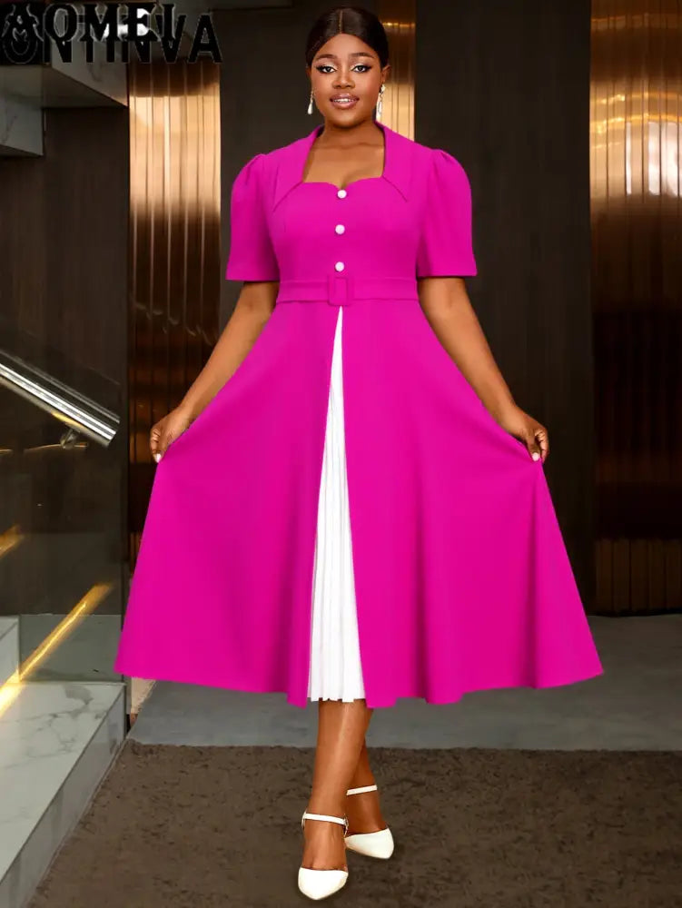 AOMEIDRESS A Line Contrast Pleated Dress Short Sleeves Party Gowns Rose / L