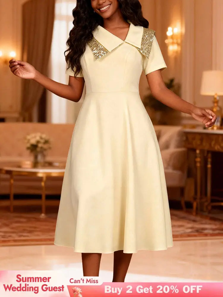 AOMEIDRESS A Line Dress Irregular Neck Sequin Collared Short Sleeves - champagne / S