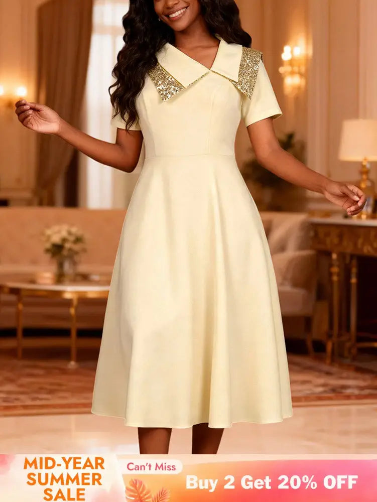 AOMEIDRESS A Line Dress Irregular Neck Sequin Collared Short Sleeves - champagne / S