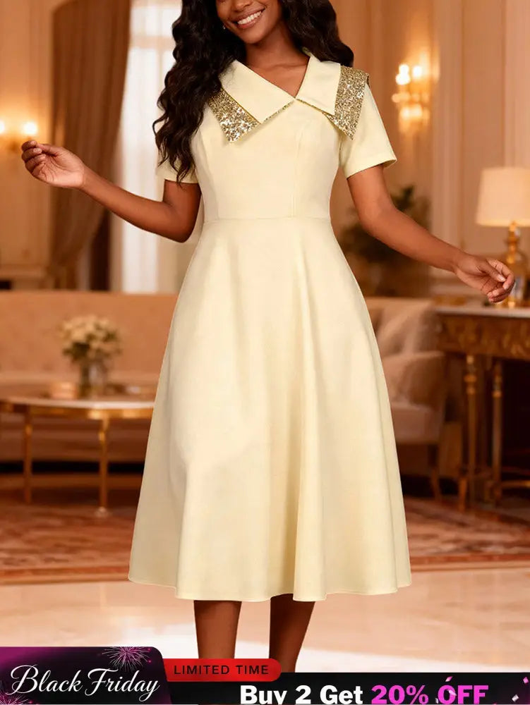 AOMEIDRESS A Line Dress Irregular Neck Sequin Collared Short Sleeves - champagne / S