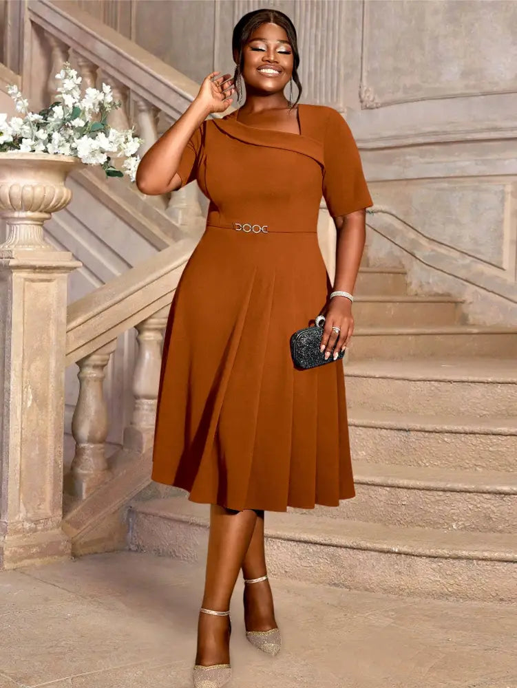 AOMEIDRESS A Line Dress Navy Asymmetrical Neck Short Sleeve Pleated Brown / S