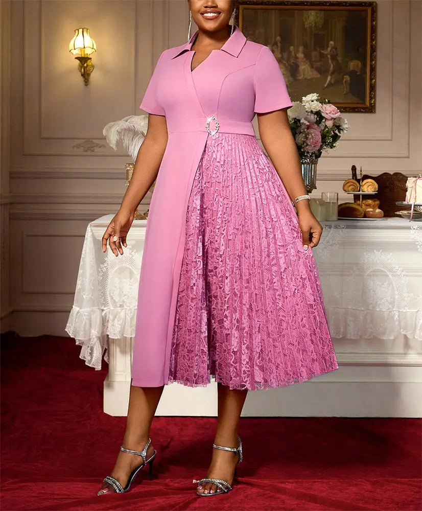 AOMEIDRESS A Line Dress Patchwork Lace Pleated Turn Down Collar Party - Pink / L