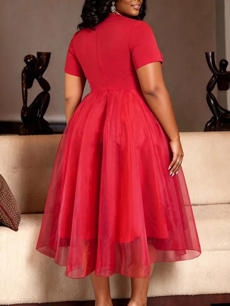 AOMEIDRESS A Line Dress V Neck Short Sleeves Beading Peplum Mesh Hem