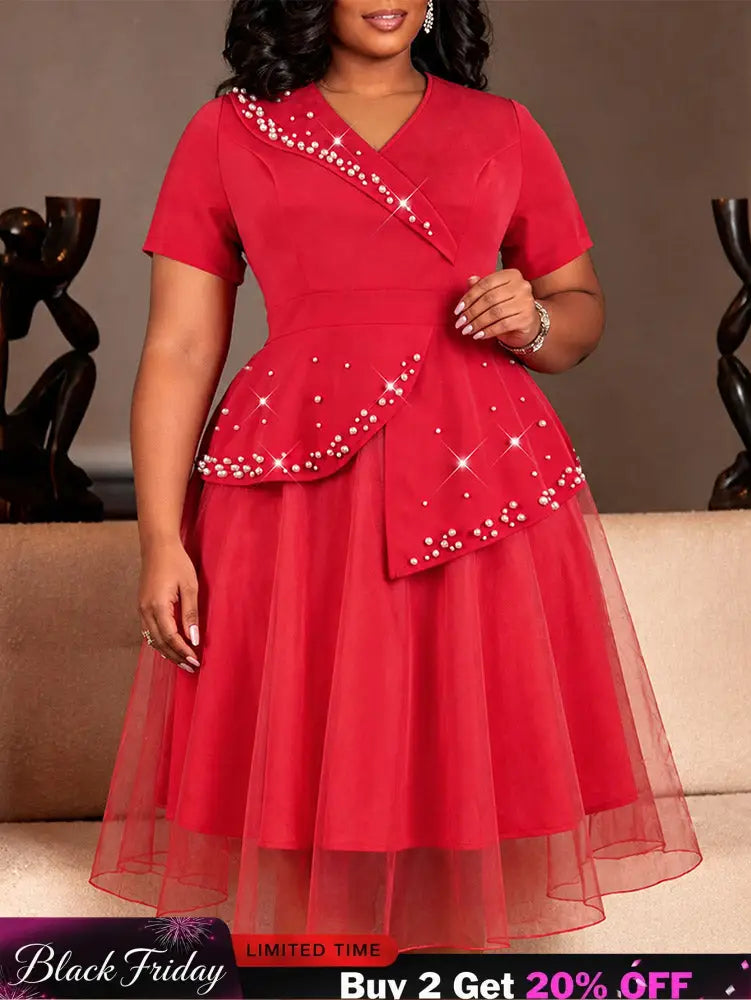 AOMEIDRESS A Line Dress V Neck Short Sleeves Beading Peplum Mesh Hem - Red / L