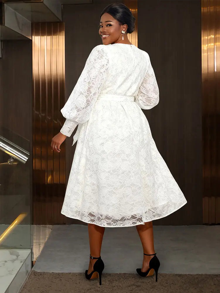 AOMEIDRESS White A Line Lace Dress O Neck Belt Church Party Gowns