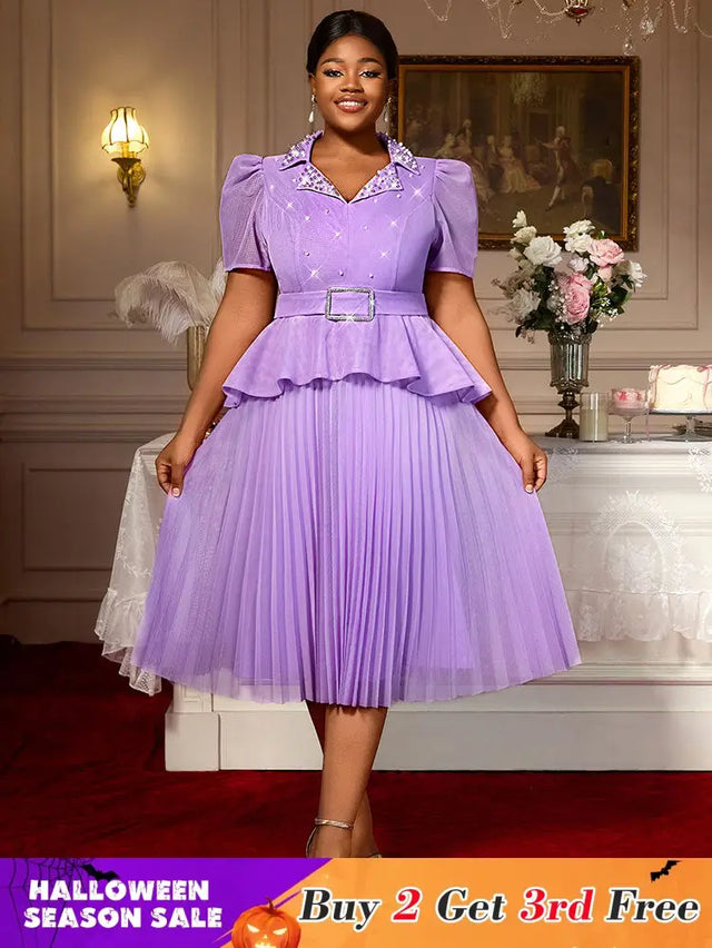 AOMEIDRESS A Line Midi Beaded Party Dress With Waist Belt Puff Sleeve Lavender / 0XL